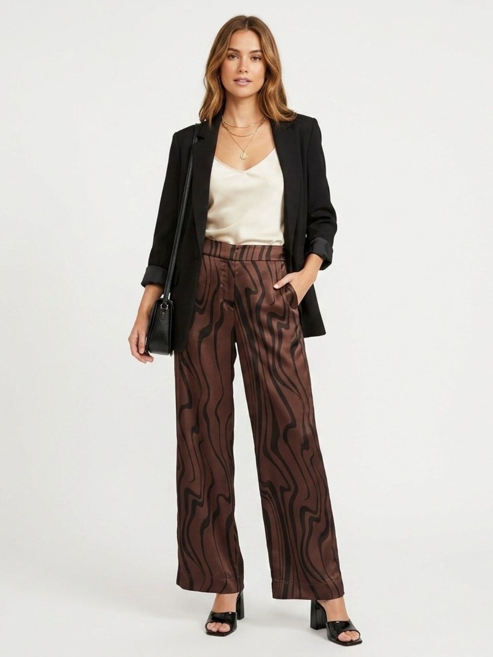 House‎ of Harlow 1960 Wide Leg Pants Brown Black Marble Print Medium Mod Chic